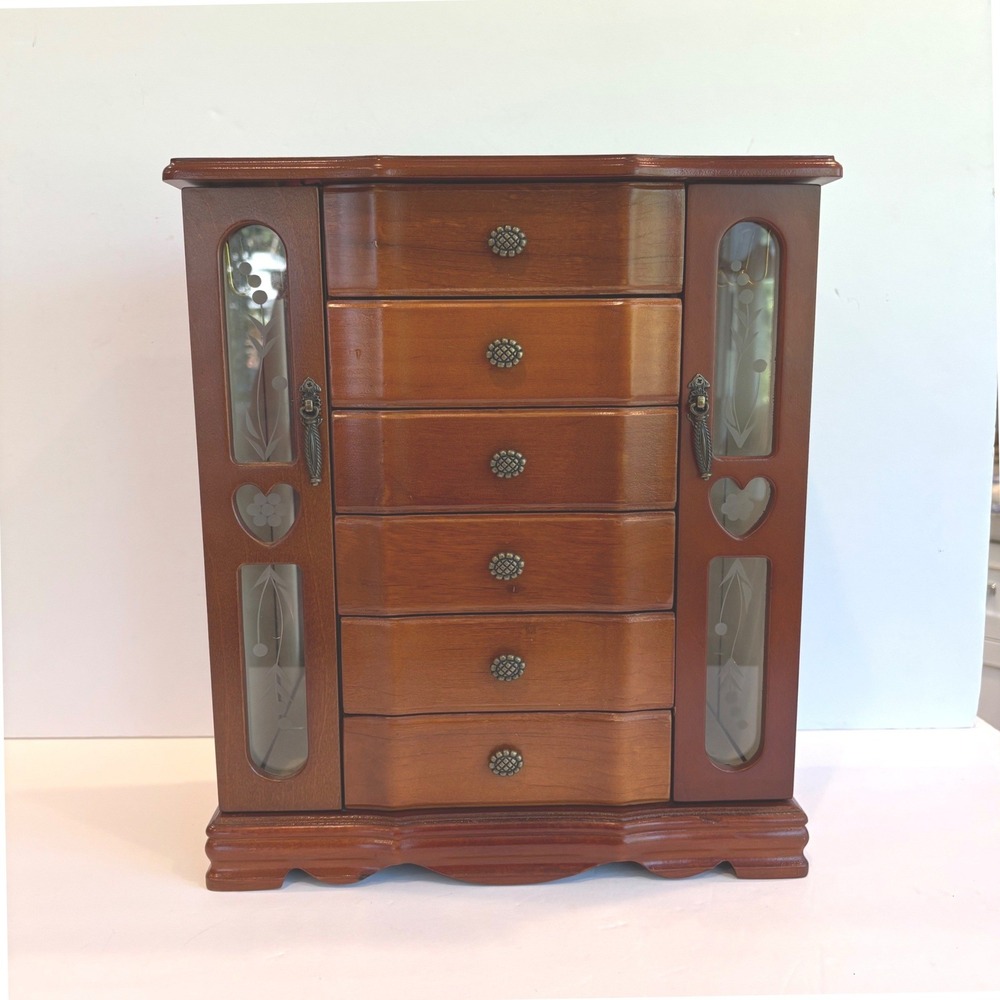 Vintage Wooden Jewelry Box Armoire Storage Chest Organizer Etched Glass Tall